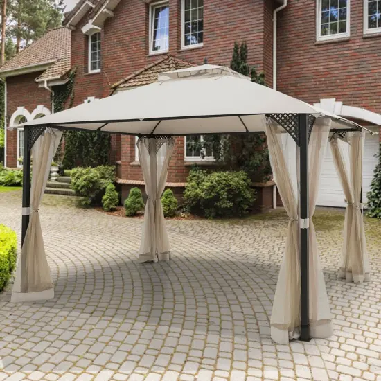 12 x 10 Feet Outdoor Double Top Patio Gazebo with Netting Beige {2}