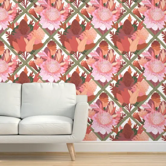 Peel & Stick Wallpaper 2FT Wide Pink Botanical Lattice Chinoiserie Trellis Boho Hawaiian Floral Tropical Mauve Large Scale Custom Removable Wallpaper by Spoonflower {5}