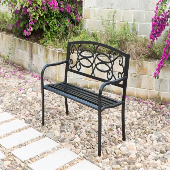 Steel Outdoor Patio Garden Park Seating Bench with Cast Iron Scrollwork Backrest, Front Porch Yard Bench Lawn Decor {3}