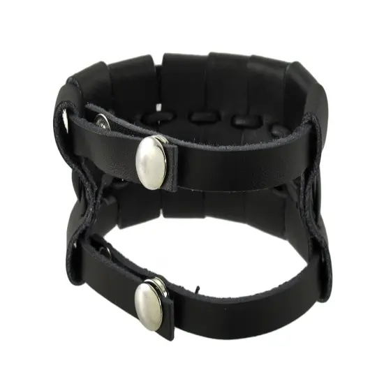 Black Leather Double Snap Wrap Bracelet Wrist Band Wristband {3}