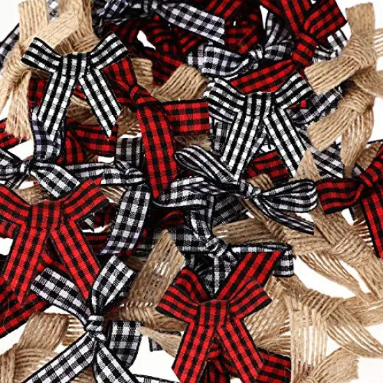 WILLBOND 60 Pieces Small Christmas Buffalo Plaid Bows Black Red White Mini Burlap Gingham Craft Ribbon Bow Flowers Appliques for Sewing Xmas Tree Home Decoration Gift DIY Making {6}