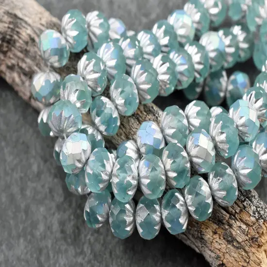 *25* 6x9mm Silver Washed Matte Blue Teal AB Fire Polished Cruller Rondelle Beads {2}