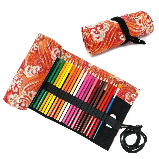 Wrapables Pencil Roll Organizer, Colored Pencil Wrap Pouch (72 slots) Orange Waves {1}