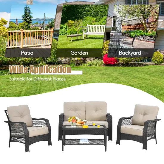 Costway 4PCS Patio Wicker Furniture Set Loveseat Sofa Coffee Table W/ Cushion {6}