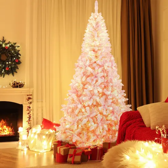 Costway 7.5FT Pre-Lit Snow Flocked Pink Christmas Tree 1100 Tips w/ 450 Lights & 8 Modes {2}