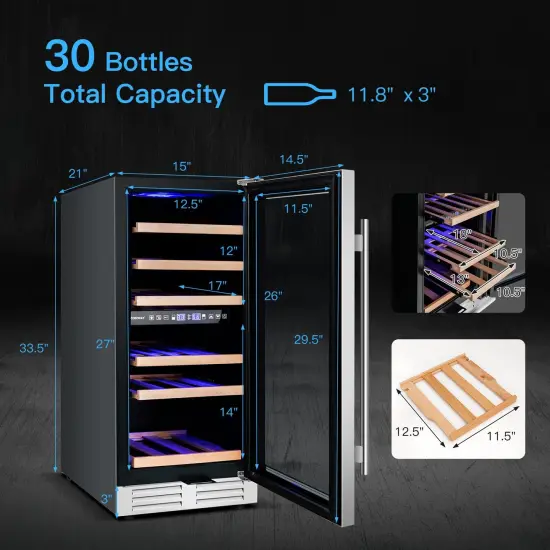 30-Bottle Freestanding Wine Cooler with Temp Memory and Dual Zones -Silver {5}