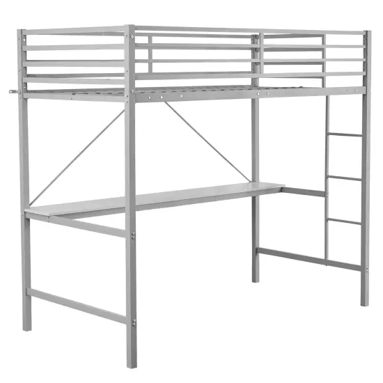 Emma and Oliver Jensen Metal Loft Bed Frame with Desk, Protective Guard Rails and Ladder for Kids, Teens and Adults Gray {1}