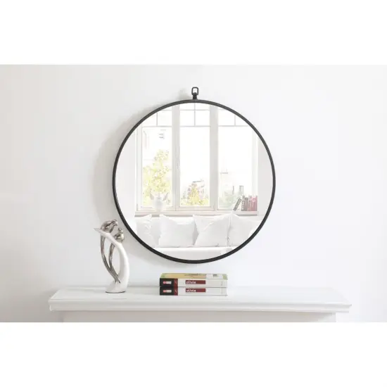 Metal frame Round Mirror with decorative hook 24 inch Black finish {3}
