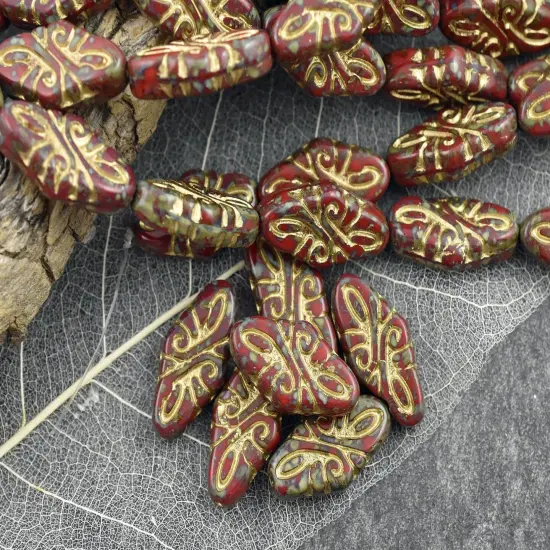 *9* 19x9mm Gold Washed Opaque Red Travertine Arabesque Beads {3}