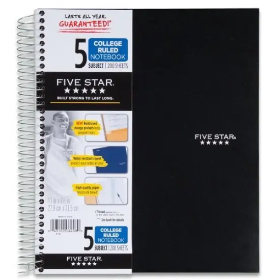 Spiral Notebook with Study App 5-Subject College Ruled Paper Fights Ink Bleed Water-Resistant Cover 8-1/2" x 11" 200 Sheets Black {1}