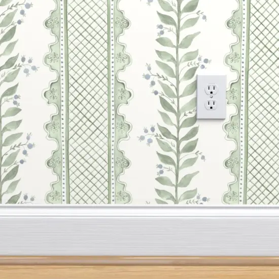 Peel & Stick Wallpaper 2FT Wide Sage Green Stripe Botanical Watercolor Garden Grandmillenial Custom Removable Wallpaper by Spoonflower {4}