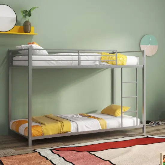 Twin Over Twin Metal Bunk Bed, Low Profile, Safe, No Box-Spring Silver {3}
