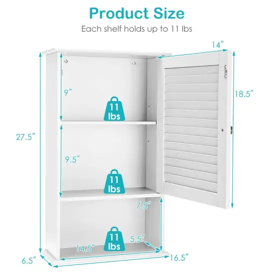 Bathroom Wall Mount Storage Cabinet Single Door with Height Adjustable Shelf for Home Storage White {4}