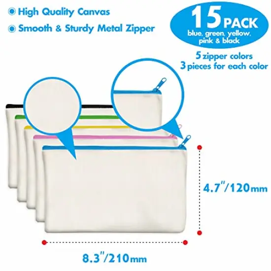 15 PCS Canvas Colorful Zipper Bags, DIY Craft Bags Travel Canvas Makeup Pouches for Cosmetic Toiletry Stationery Storage (Beige, 8.3” x 4.7”) … {1}