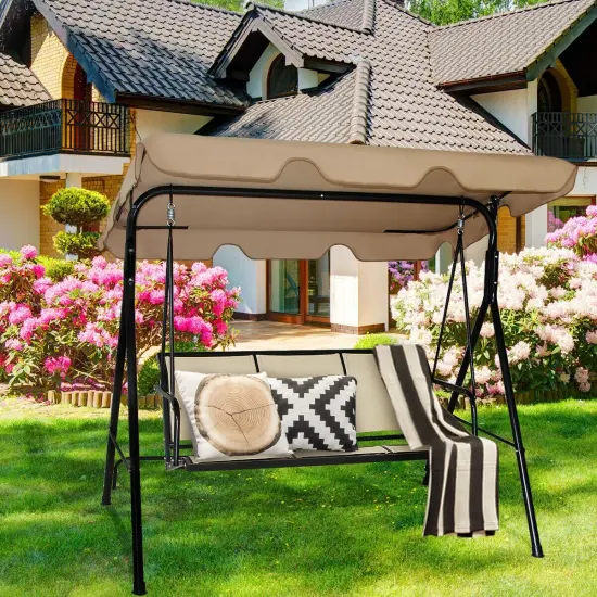 3 Person Patio Swing with Polyester Angle Adjustable Canopy Brown {2}