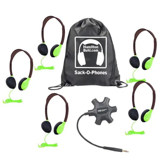 Galaxy&trade; Econo-Line of Sack-O-Phones with 5 Green Personal-Sized Headphones, Starfish Jackbox and Carry Bag {1}