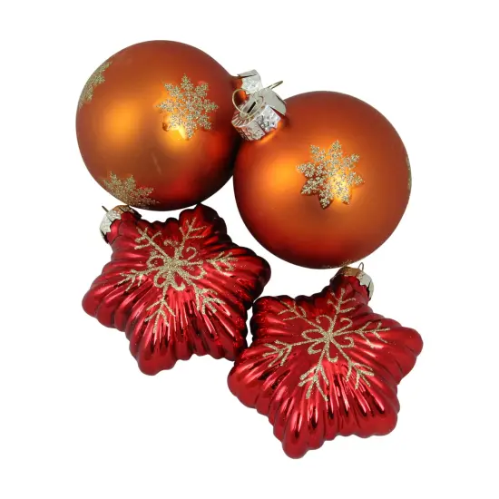 Northlight Shiny Glass Star and Ball Christmas Ornaments - 4.25" - Red and Amber Orange - 4ct {1}