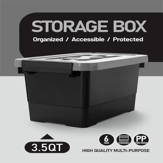 WYT Plastic Storage Bins with Lids and Latch, 6-Pack Small Stackable Plastic Organizing Box with Buckle and Handle, 3.5 Quart Durable Nestable Totes Containers (Black/Grey) {5}