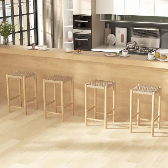 Costway 26'' Dining Bar Stool Set of 2/4 Counter Height with Rubber Wood Woven Saddle Seat {3}