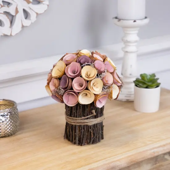 Northlight Wood Shaved Artificial Floral Spring Bouquet - 8.25" - Pink and Yellow {4}