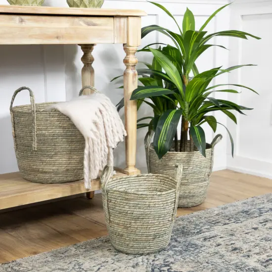 Northlight Set of 3 Gray Tall Seagrass Storage Baskets with Sewn Zig Zag Accents 13" {3}