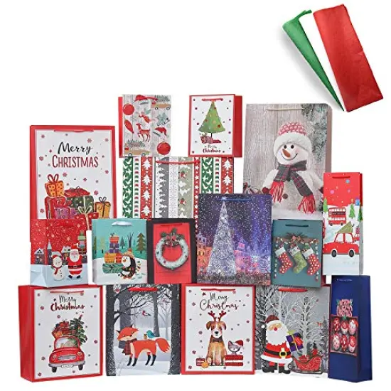 16 Pieces Christmas Bags Bulk Set Includes Assorted Sizes 3 Jumbo 5 Large 6 Medium 2 Wine Bags 16 Count Glitter Design with 12 Sheets Tissue Paper {2}