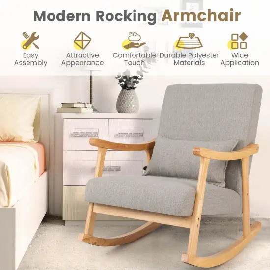 Upholstered Rocking Chair with Pillow and Rubber Wood Frame-Gray {6}