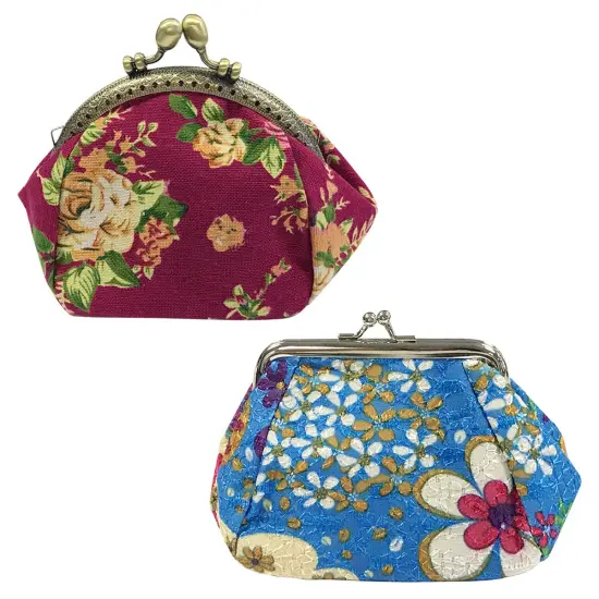 Wrapables Canvas and Embroidered Floral Coin Purse Clutch Wallet (Set of 2) Violet and Blue {1}