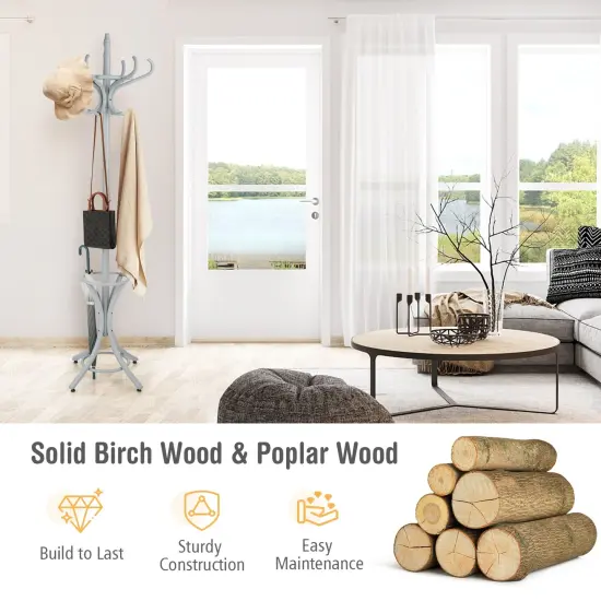 Wooden Freestanding Hat Coat Rack with Umbrella Stand Perfect for Any Room Grey {5}