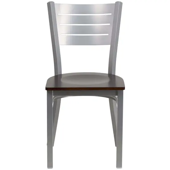 Emma and Oliver Silver Slat Back Metal Restaurant Dining Chair WalnutSeat/Silver {2}