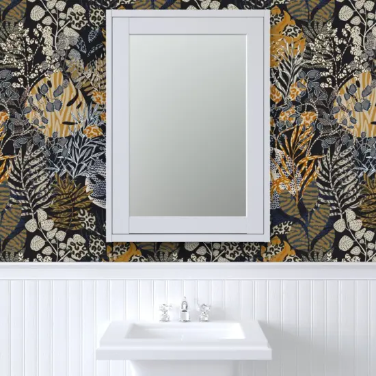 Pre-Pasted Wallpaper 2FT Wide Blue Leaves Animal Print Wild Dark Tropical Tiger Cheetah Lizard Botanical Floral Large Scale Jungle Custom Pre-pasted Wallpaper by Spoonflower {6}