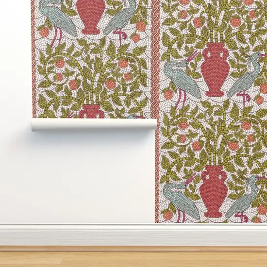 Pre-Pasted Wallpaper 2FT Wide Birds Stone Fruit Art Deco Lemon Crane Heron Peaches Arts And Crafts Amphora Tree Faux Mosaic Large Scale Custom Pre-pasted Wallpaper by Spoonflower {2}