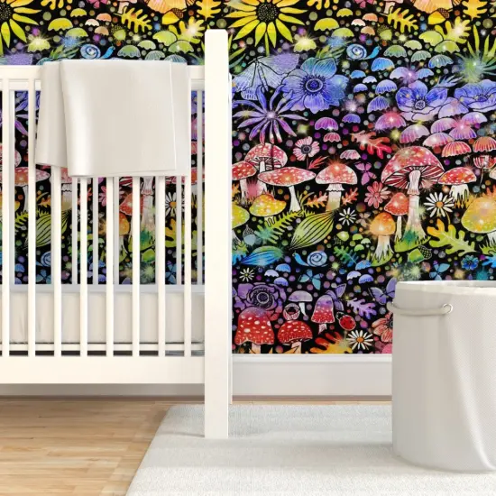Pre-Pasted Wallpaper 2FT Wide Rainbow Mushrooms Colorful Sunflower Anemone Botanical Woodland Red Blue Custom Pre-pasted Wallpaper by Spoonflower {7}