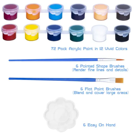 90 Pieces Washable Paint Set for Kids Arts and Crafts, Classroom Painting Supplies, 6 Acrylic Paint Sets of 12 Colors, Mixing Palette, Brushes {1}
