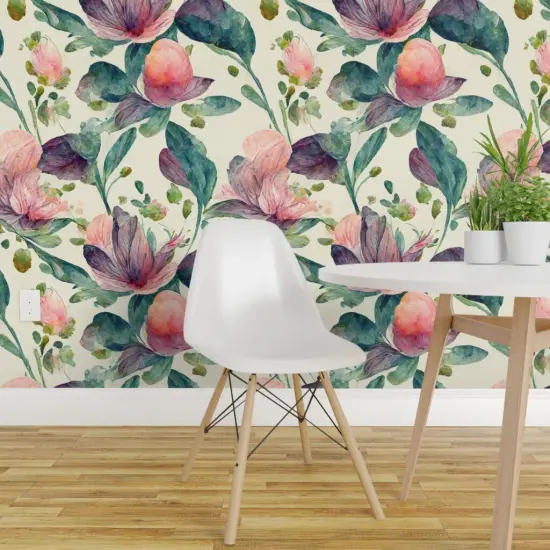 Pre-Pasted Wallpaper 2FT Wide Boho Watercolor Floral Botanical Leaves Large Scale Rose Romantic Flowers Custom Pre-pasted Wallpaper by Spoonflower {1}