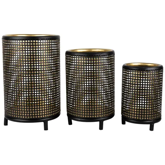Northlight Iron Grid Pillar Candle Holders - 12" - Black and Gold Finish - Set of 3 {1}