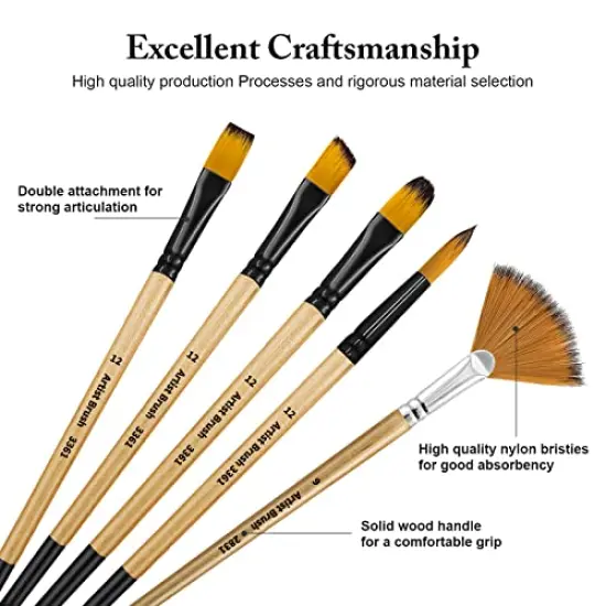 32 Pieces Paint Brush Set, Artist Series, Nylon Bristles with Round, Filbert, Flat, Fan, Angle, Fine Detail Brush, Suitable for Artists and Beginners for Acrylic Painting, Oil, Watercolor {6}