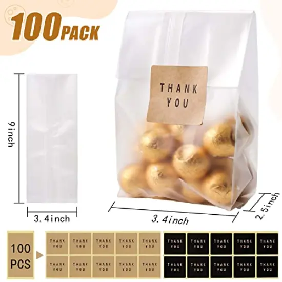 100 PACK Cellophane Treat Bags Cookie bags for Packaging Clear Gift Bags with Stickers for Cookies,Candy,Chocolates(9x3.2inch) {1}
