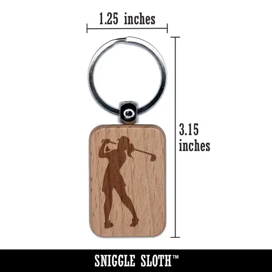 Woman Swinging Golf Club Engraved Wood Rectangle Keychain Tag Charm {2}