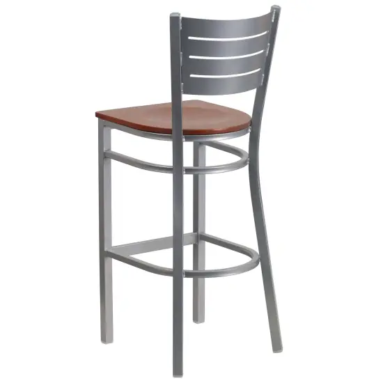 Emma and Oliver Silver Slat Back Metal Restaurant Dining Barstool CherryWood/Silver {3}