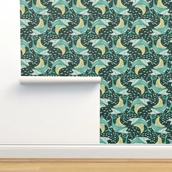 Pre-Pasted Wallpaper 2FT Wide Space Whales Ocean Nautical Animals Moon Galaxy Clouds Teal Celestial Whimsical Cosmos Crescent Custom Pre-pasted Wallpaper by Spoonflower {2}