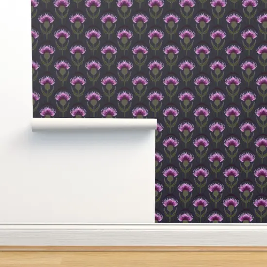 Peel & Stick Wallpaper 2FT Wide Art Nouveau Medium Scale Botanicals Thistle Dark Blue Purple Custom Removable Wallpaper by Spoonflower {2}