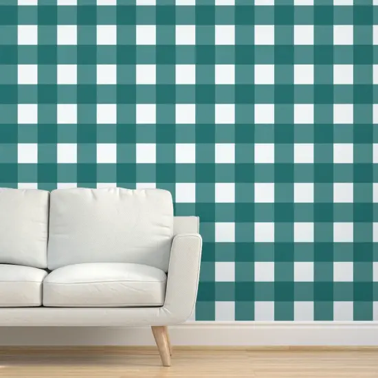 Peel & Stick Wallpaper 2FT Wide Teal Buffalo Check Large Scale Plaid Rustic Gingham Cabin Custom Removable Wallpaper by Spoonflower {5}