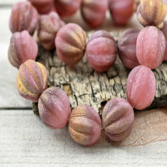 Copper Washed Etched Dusty Rose Round Melon Beads {6}