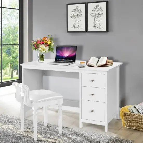3-Drawer Home Office Study Computer Desk with Spacious Desktop White {2}