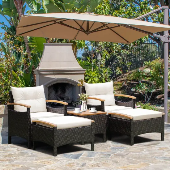 5 Pieces Patio Conversation Set with Cushions Coffee Table and 2 Ottomans {2}