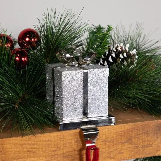Northlight 5.5" Silver Glitter Gift Box with Bow Christmas Metal Stocking Holder {4}
