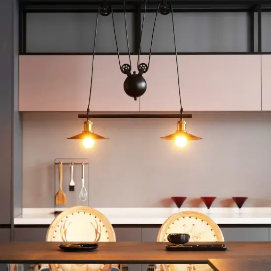 Modern Industrial Adjustable 2 Bulb Pulley Wired Ceiling Hanging Light Fixture, Black Decorative Chandelier {3}