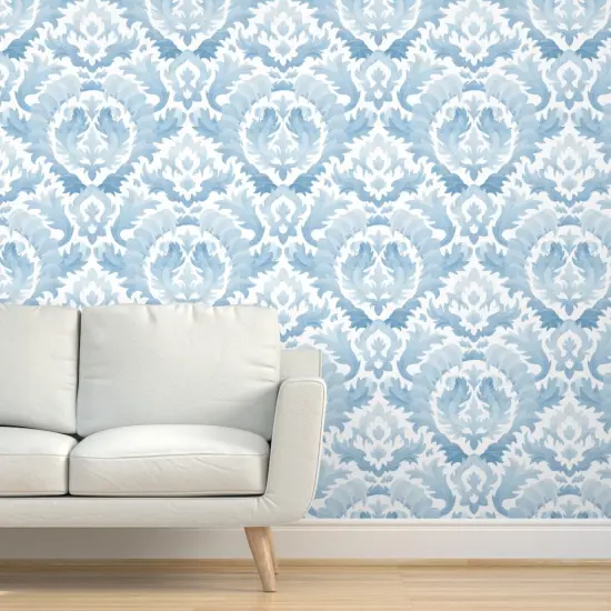 Pre-Pasted Wallpaper 2FT Wide Watercolor Damask Botanical Floral Light Blue Monochrome Classic Baroque Acanthus Leaf Custom Pre-pasted Wallpaper by Spoonflower {5}
