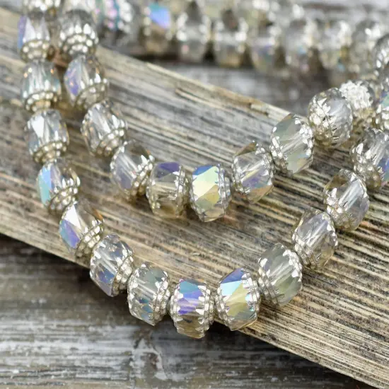 Silver Washed Smoke Apollo AB Fire Polished Cathedral Beads {7}